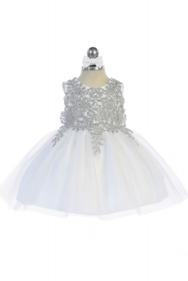 Girls Dress Style 5771s - WHITE Short Gown with Metallic Embroidery Embellishments