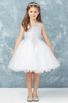Girls Dress Style 7013 - WHITE Short Gown with Silver  Embroidery Embellishments