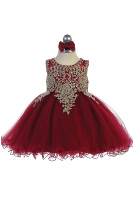 Girls Dress Style 7013 - BURGUNDY Short Gown with Gold Embroidery Embellishments