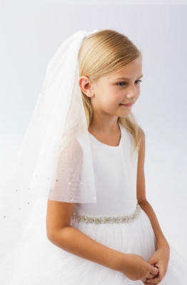 Girls Communion Veil - Style 773- WHITE- Pearl and Rhinestone Accents
