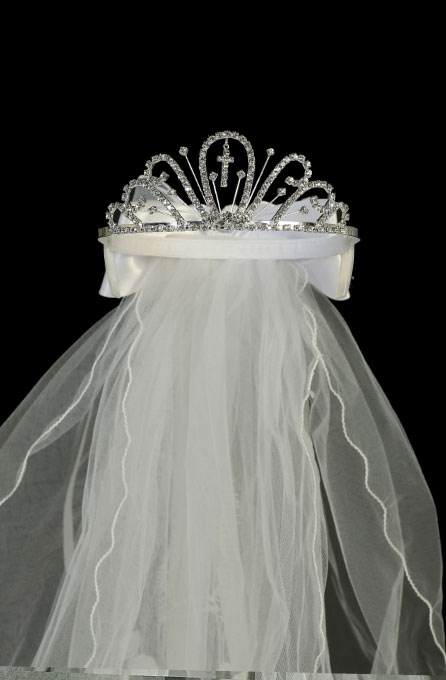 Virgin Mary Embroidered Tiara Crown Mesh First Communion Veil Flower Girl