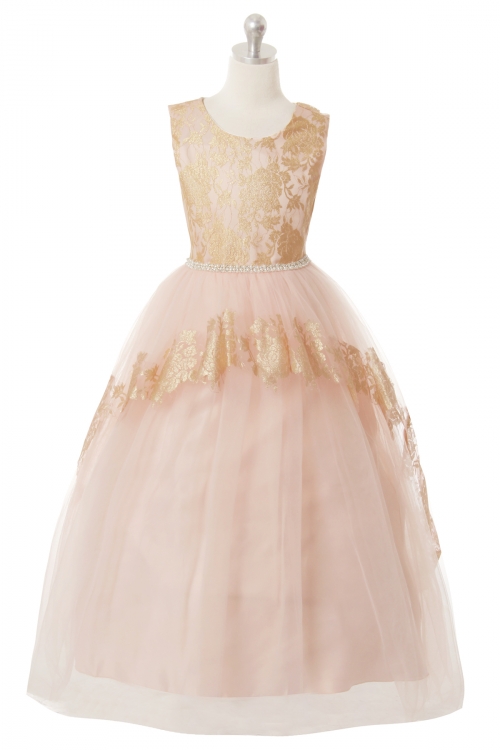 RK_1058BH - Blush Glamorous Sleeveless Dress with Gold Floral Details -  Girls-Dresses - Flower Girl Dresses - Flower Girl Dress For Less