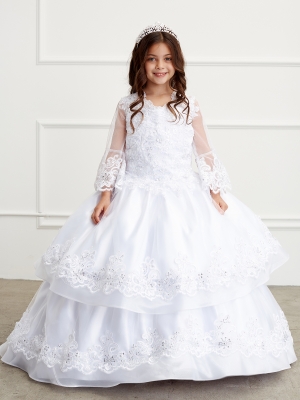 First Communion Dress Long Sleeves White Embroidery Sheer Princess For –  Avadress