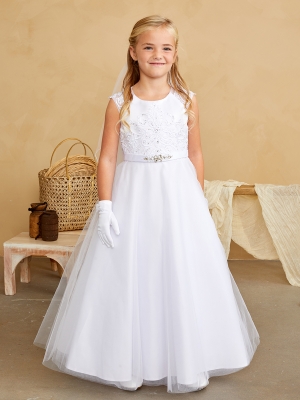 White Dress with Lace Applique Bodice and Tulle Overlay Skirt