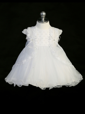 Girls Dress Style 2362 - Beautiful Baptism Dress with Lace Bodice and Scattered Pearls on the Crissc
