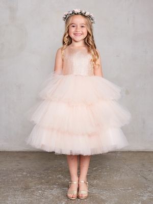 Rose Gold Metallic Glitter Neckline with Ruffled Tulle Skirt