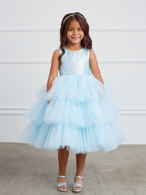 Sky Blue Metallic Glitter Neckline with Ruffled Tulle Skirt