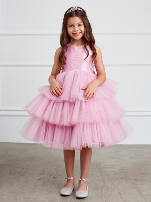 Violet Pink Metallic Glitter Neckline with Ruffled Tulle Skirt