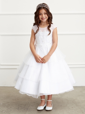 Cap Sleeve Illusion Neckline Dress with Layered Organza Skirt