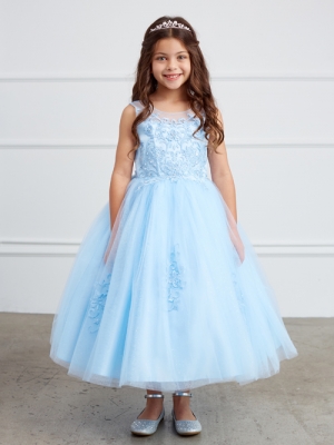 Sky Blue Illusion Neckline Dress with Lace Applique Bodice and Skirt