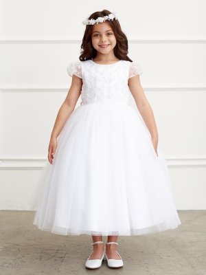 Cap Sleeved Dress with Lace Bodice and Pearls in Choice of Color