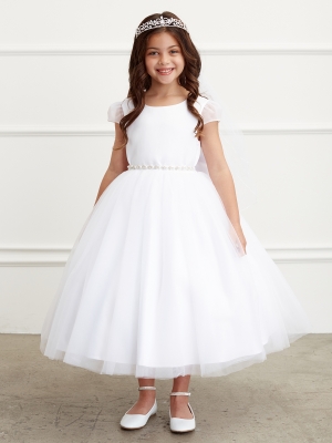 Cap Mesh Sleeve Dress with Rhinestone Sash