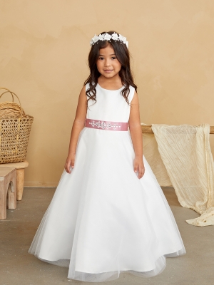 Full length dress with satin bodice and open lace bacK