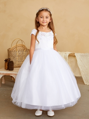 White Illusion Boat Neckline Dress with Lace Applique