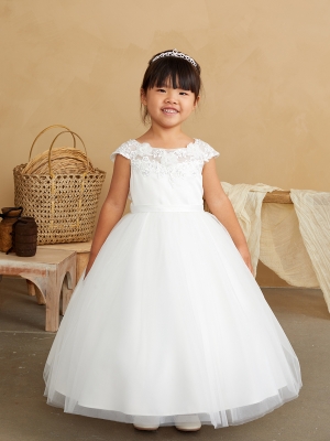 Ivory Illusion Boat Neckline Dress with Lace Applique