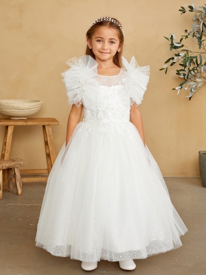 Illusion Neckline Dress with Ruffle Sleeves and Polka Dot Glitter Tulle