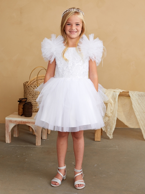 TT_5848WH - White Ruffle Sleeved Dress with Glitter Lace Bodice - New Items  - Flower Girl Dresses - Flower Girl Dress For Less