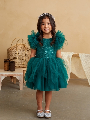Emerald Ruffle Sleeved Dress with Glitter Lace Bodice