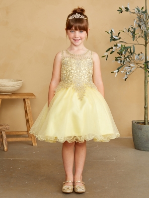 Girls Dress Style 7013 - YELLOW  Short Gown with Gold Embroidery Embellishments