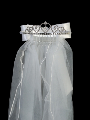 Silver Heart Rhinestone Tiara with Veil - Style 701T