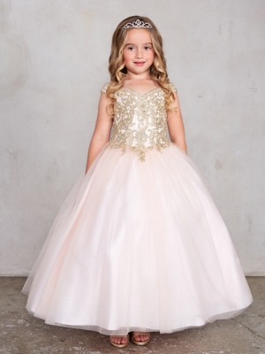 Girls Dress Style 7024 - Gorgeous Off Shoulder Spaghetti Strap Dress with Gold Lace In Blush