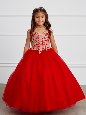 Girls Dress Style 7024 - Gorgeous Off Shoulder Spaghetti Strap Dress with Gold Lace In Red