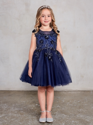 Girls Dress Style 7026 - Illusion Neckline Short Dress with Sequin Floral Applique in Navy