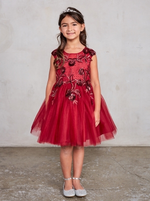 Girls Dress Style 7026 - Illusion Neckline Short Dress with Sequin Floral Applique in Burgundy
