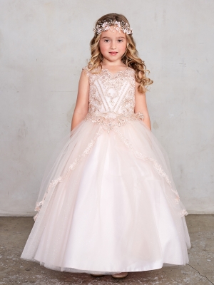 Illusion Neckline Dress with Split Lace Tulle Skirt in Rose Gold