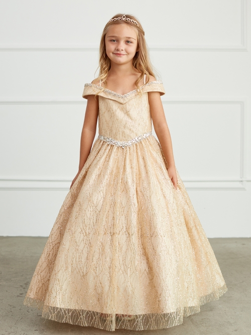 TT_7031GD - Gold Off Shoulder Glitter Dress with Rhinestone Waist - New  Items - Flower Girl Dresses - Flower Girl Dress For Less