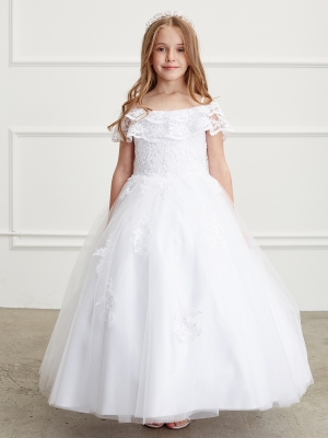 White Ruffle Bodice Dress with Floral Lace Skirt