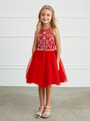 Red Halter Neck Rhinestone and Beaded Dress