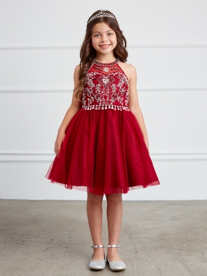Burgundy Halter Neck Rhinestone and Beaded Dress