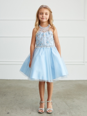 Dusty Blue Halter Neck Rhinestone and Beaded Dress