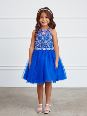 Royal Blue Halter Neck Rhinestone and Beaded Dress