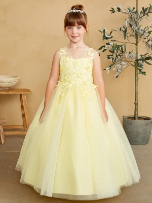 Yellow Illusion Neckline Dress with 3D Floral Details