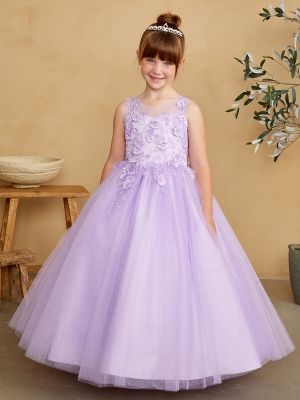 Lilac Illusion Neckline Dress with 3D Floral Details