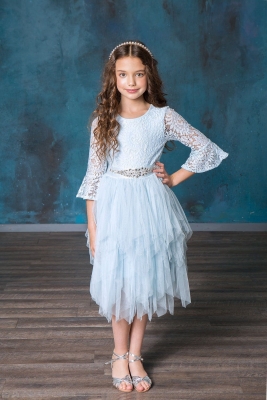 Light Blue Lace Bell Sleeve Dress with Tutu Skirt