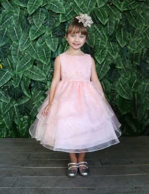 Girls Dress Style D763 - BLUSH PINK Sleeveless Organza and Beaded Dress