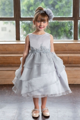 Girls Dress Style D763 - SILVER Sleeveless Organza and Beaded Dress