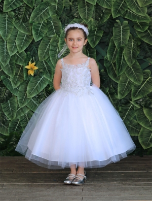 Girls Dress Style D778 - WHITE-SILVER - Embroidered Bodice with Tulle Skirt