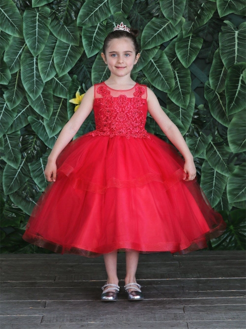 CA_D792RD - Red Dress with Embroidered Bodice and Layered Skirt - Girls- Dresses - Flower Girl Dresses - Flower Girl Dress For Less