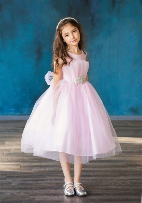 Light Pink Tulle Dress with Pleated Bodice and Beaded Waist