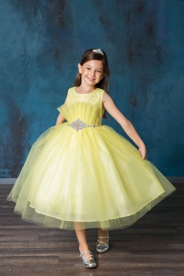 Yellow Tulle Dress with Pleated Bodice and Beaded Waist