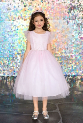 Pink Tulle Dress with Ruffle Sleeves