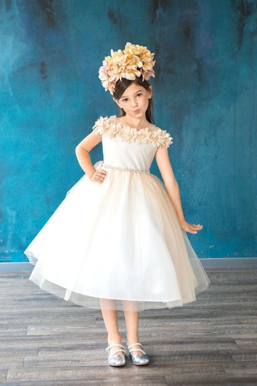 CA_D797CHA - Champagne Floral Off Shoulder Dress - New Items - Flower Girl  Dresses - Flower Girl Dress For Less