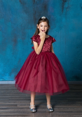 Burgundy Short Sleeved Dress with Pearl Beaded Flowers
