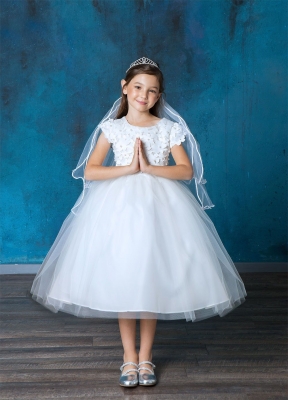 White Short Sleeved Dress with Pearl Beaded Flowers