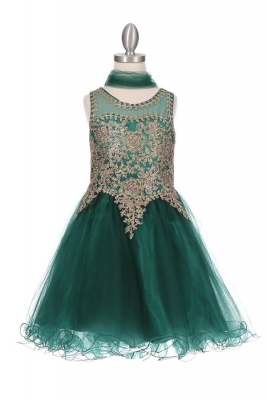 Girls Dress Style 5017 -  Hunter Green Sleeveless Gold Embellished Short Party Dress