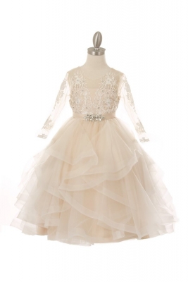 Champagne 3/4 Sleeve Lace Dress with Ruffle Skirt